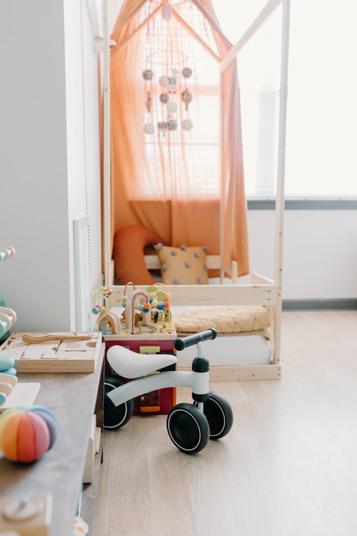 A bright and cozy childrens playroom featuring a bed with canopy and wooden toys.