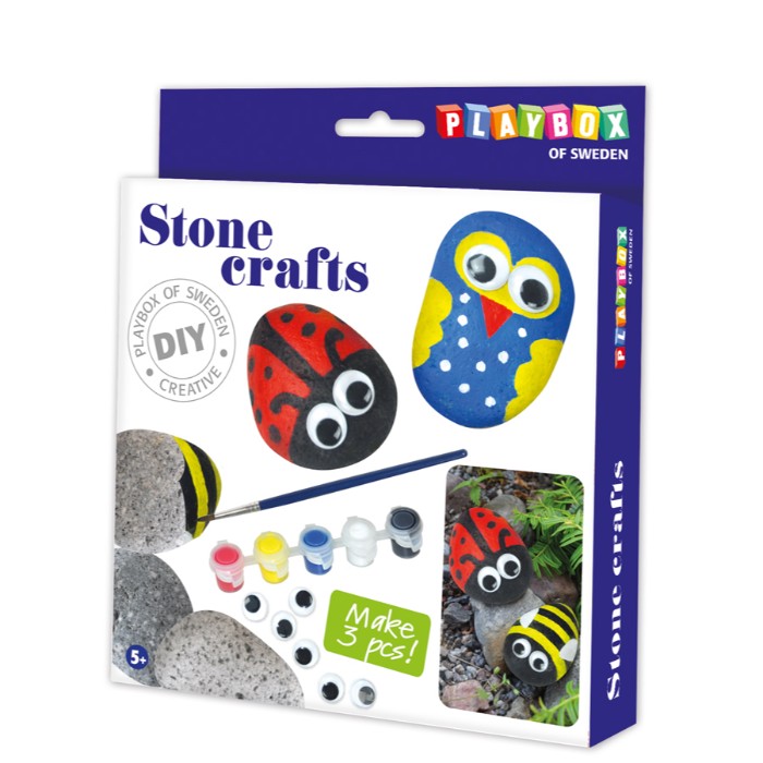 set de piedra con pintura, pinceles y ojos