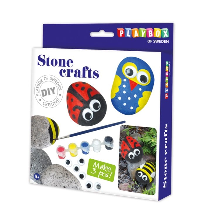 set de piedra con pintura, pinceles y ojos